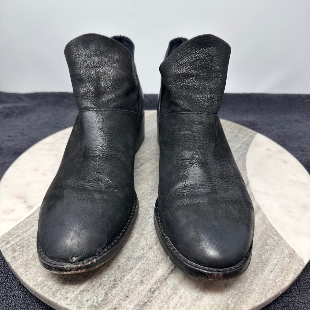 EILEEN FISHER Black‎ Leather Ankle Booties Side Cutout Stacked Heel Size 9